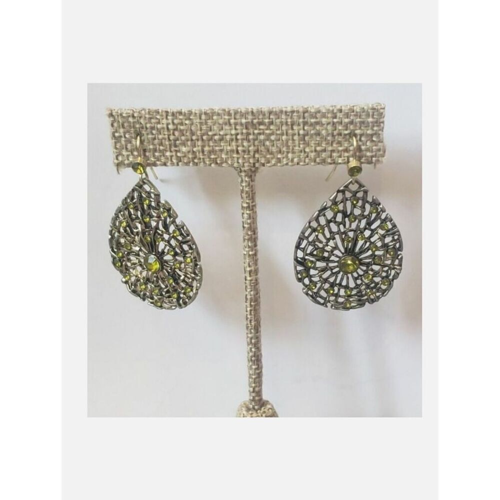 1928 French Hook Teardrop Filigree Earrings Web Design Green & Silver